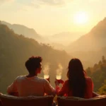 Indian couple enjoying a romantic weekend getaway overlooking misty hills and green valleys near Bangalore.