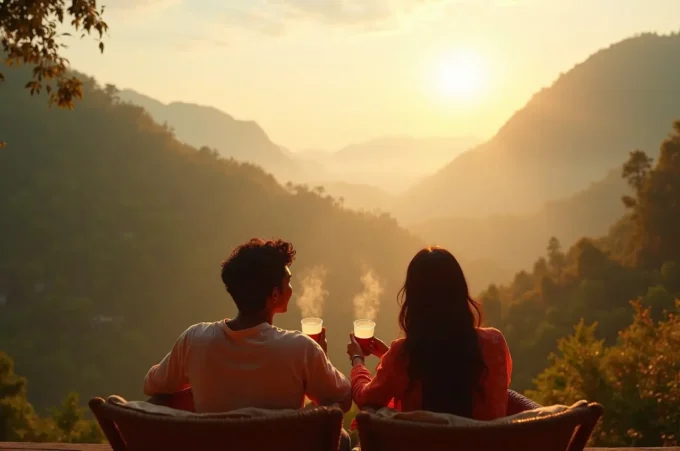 Indian couple enjoying a romantic weekend getaway overlooking misty hills and green valleys near Bangalore.
