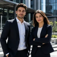 Confident young business professionals representing diverse career paths, career development, leadership, and workplace opportunities in a modern corporate environment.