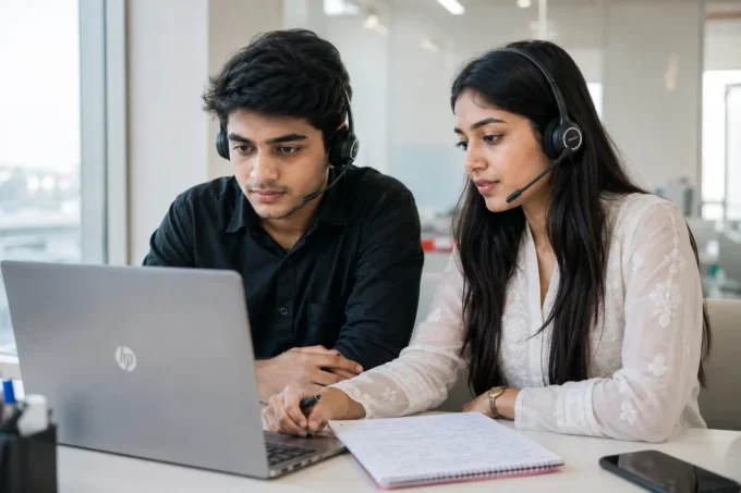 A young Indian fresher in professional attire sitting at a desk with a headset, preparing for a Concentrix BPO interview with notes visible beside a laptop.