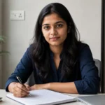 A young Indian fresher in smart casual attire practising answers for a Concentrix BPO interview, seated at a desk with handwritten notes and a confident expression.