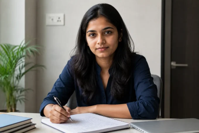A young Indian fresher in smart casual attire practising answers for a Concentrix BPO interview, seated at a desk with handwritten notes and a confident expression.