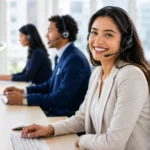 A young Indian woman wearing a headset sitting at a desk in a modern office, smiling while speaking with a customer — representing a customer service fresher role in India.