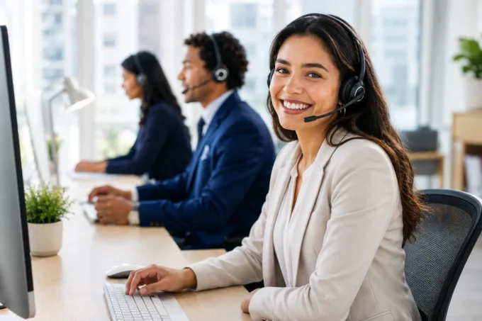A young Indian woman wearing a headset sitting at a desk in a modern office, smiling while speaking with a customer — representing a customer service fresher role in India.