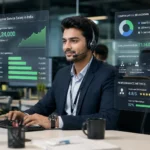 Customer service executive in India wearing a headset and working at a modern office workstation with salary growth charts, compensation analytics, and career progression metrics displayed on transparent screens.