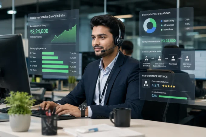 Customer service executive in India wearing a headset and working at a modern office workstation with salary growth charts, compensation analytics, and career progression metrics displayed on transparent screens.
