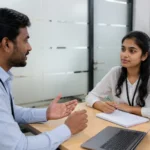 A young Indian fresher in professional attire practising spoken English at a desk, with a notepad and laptop, preparing customer service skills for a BPO role in India.
