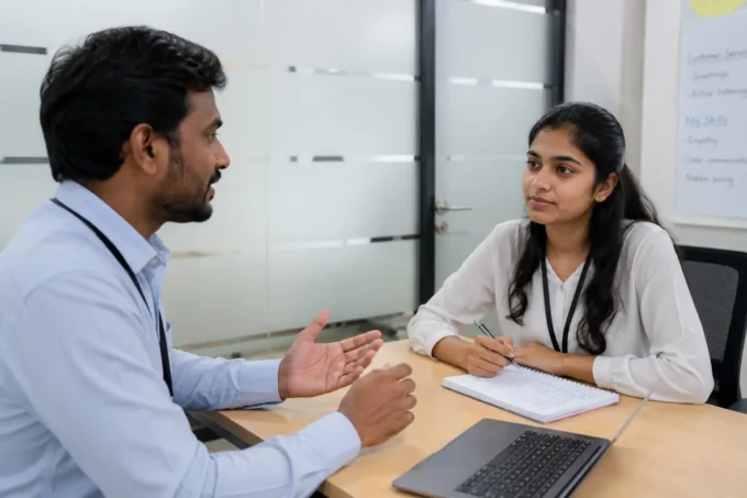 A young Indian fresher in professional attire practising spoken English at a desk, with a notepad and laptop, preparing customer service skills for a BPO role in India.