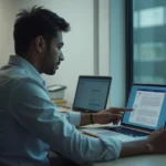 Indian data analyst reviewing salary and career growth opportunities in a modern corporate office environment.