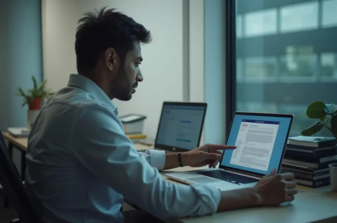 Indian data analyst reviewing salary and career growth opportunities in a modern corporate office environment.