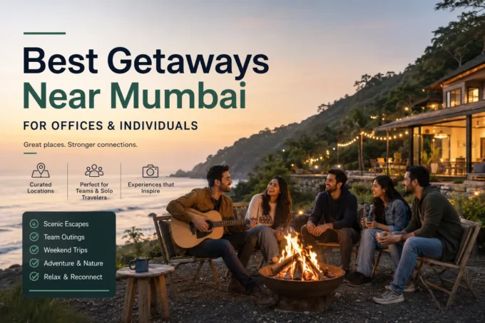 A group of office colleagues at a scenic resort near Mumbai with the Western Ghats in the background, on a corporate team outing from the city.