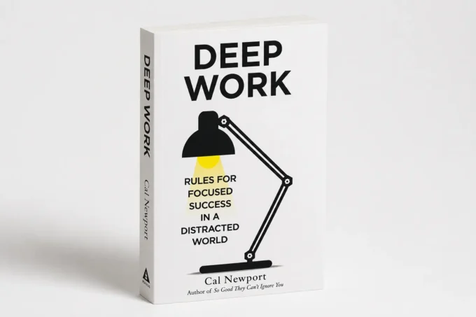 3D product-style image of the book Deep Work by Cal Newport, illustrating focus, productivity, and distraction-free work for Indian professionals.