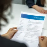 Indian fresher reviewing a professionally formatted resume on a modern office desk with laptop, notebook, and coffee, representing resume writing for candidates with no work experience.