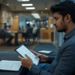 Indian engineering graduate preparing for an Infosys interview in a modern corporate office waiting area.