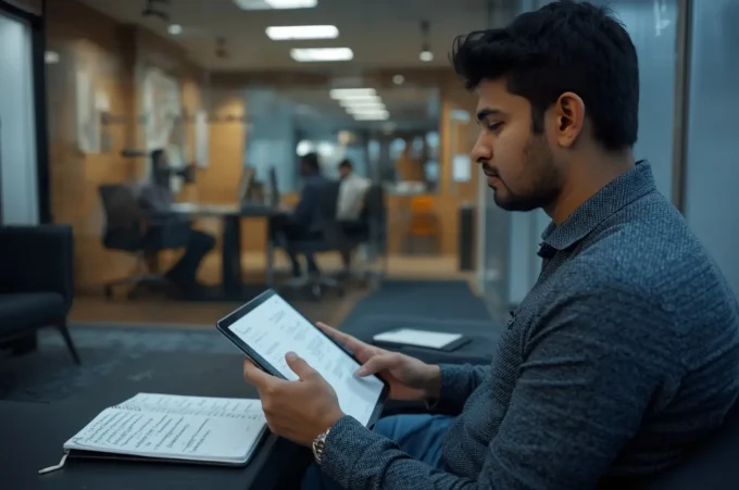 Indian engineering graduate preparing for an Infosys interview in a modern corporate office waiting area.