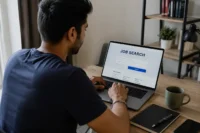 Professional job seeker searching for jobs online on a laptop, representing job opportunities, career growth, recruitment, hiring, and employment opportunities in India.