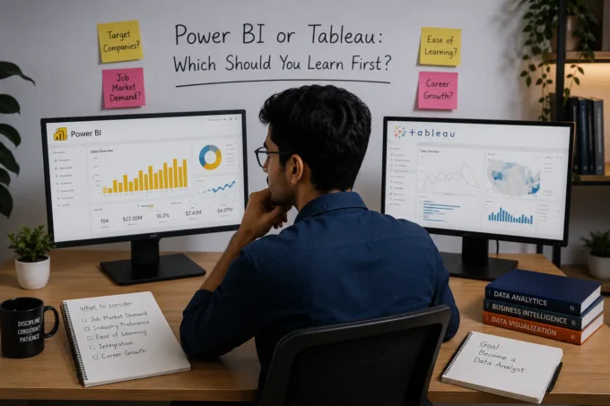 Aspiring data analyst comparing Power BI and Tableau dashboards while deciding which business intelligence tool to learn first.