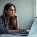 A young women fresher sitting at a laptop with code on screen, deciding between Python and SQL for their first technical skill.