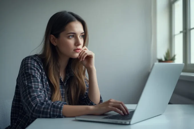 A young women fresher sitting at a laptop with code on screen, deciding between Python and SQL for their first technical skill.