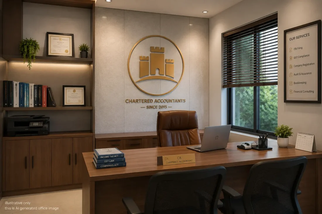 Illustrative AI-generated image of a modern Indian Chartered Accountant office featuring the RAMPART Corporate Services logo, professional workspace, client meeting desk, accounting books, and office branding.