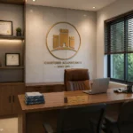 Illustrative AI-generated image of a modern Indian Chartered Accountant office featuring the RAMPART Corporate Services logo, professional workspace, client meeting desk, accounting books, and office branding.
