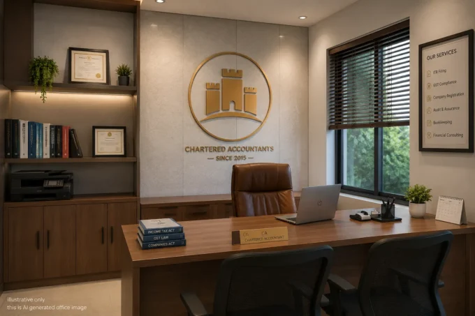 Illustrative AI-generated image of a modern Indian Chartered Accountant office featuring the RAMPART Corporate Services logo, professional workspace, client meeting desk, accounting books, and office branding.