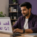 Young Indian professional using a salary calculator on a laptop to analyze salary breakdown, earnings, deductions, and take-home pay in a modern office workspace.