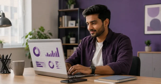 Young Indian professional using a salary calculator on a laptop to analyze salary breakdown, earnings, deductions, and take-home pay in a modern office workspace.