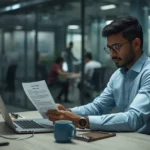 Indian software engineer reviewing a compensation offer in a modern corporate office.