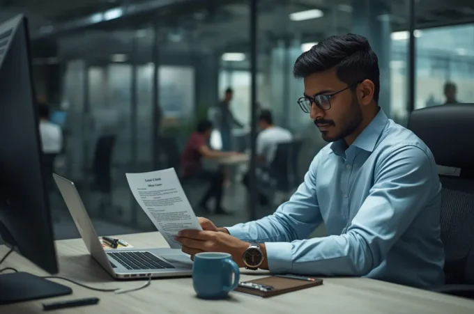 Indian software engineer reviewing a compensation offer in a modern corporate office.