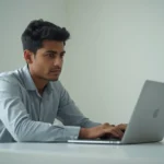 A young Indian fresher sitting at a desk with a laptop preparing for the TCS NQT assessment test.