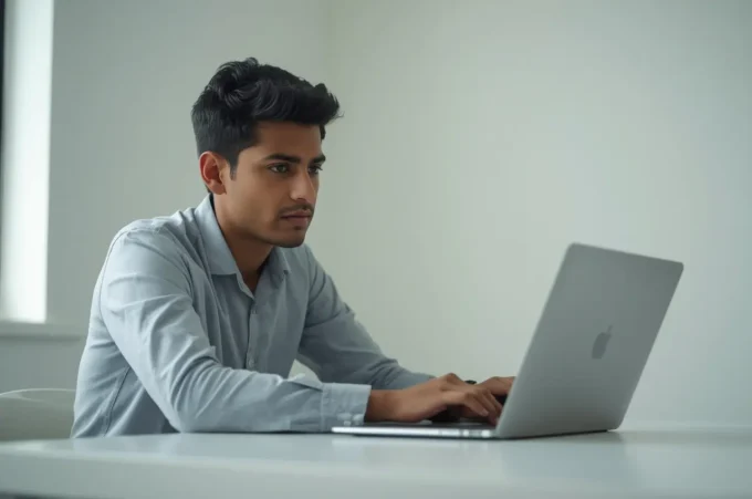 A young Indian fresher sitting at a desk with a laptop preparing for the TCS NQT assessment test.
