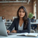 Young job professional working in a modern startup workspace with laptop and team members in the background.