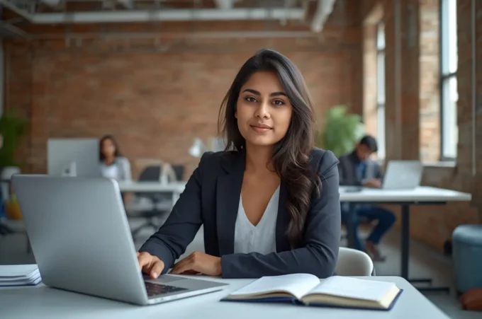Young job professional working in a modern startup workspace with laptop and team members in the background.
