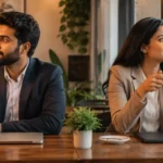 Indian professional taking a quiet break at a café with a closed laptop and cup of tea, representing healthy work-life balance and mindful productivity.