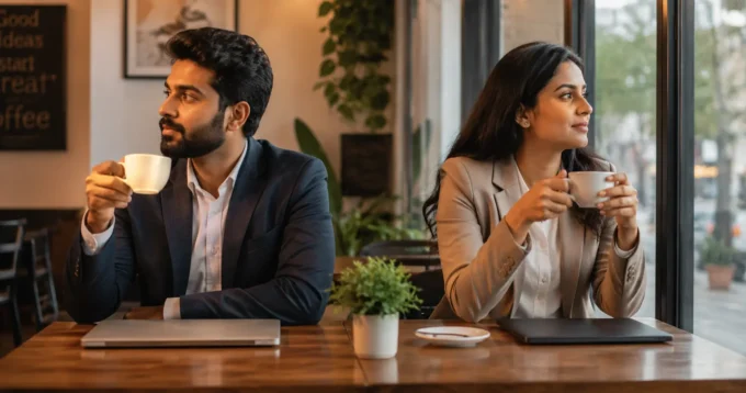 Indian professional taking a quiet break at a café with a closed laptop and cup of tea, representing healthy work-life balance and mindful productivity.