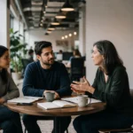 Three professionals at different career stages in conversation — advanced communication skills guide for freshers to executives India
