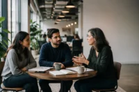 Three professionals at different career stages in conversation — advanced communication skills guide for freshers to executives India