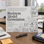 Business Model Generation book standing on a modern startup office desk with a laptop, notebook, coffee mug, and business planning tools in a realistic professional workspace.