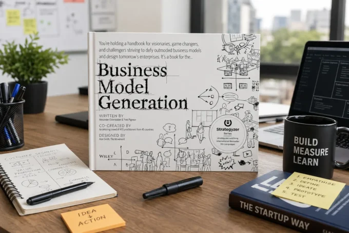 Business Model Generation book standing on a modern startup office desk with a laptop, notebook, coffee mug, and business planning tools in a realistic professional workspace.
