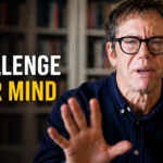 A high-resolution motivational thumbnail featuring Robert Greene gesturing toward the camera against a blurred bookshelf background. Large bold text on the left reads "CHALLENGE YOUR MIND" in white and yellow on a dark gradient, creating a clean, modern, and attention-grabbing design.