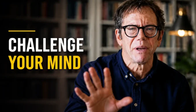 A high-resolution motivational thumbnail featuring Robert Greene gesturing toward the camera against a blurred bookshelf background. Large bold text on the left reads "CHALLENGE YOUR MIND" in white and yellow on a dark gradient, creating a clean, modern, and attention-grabbing design.