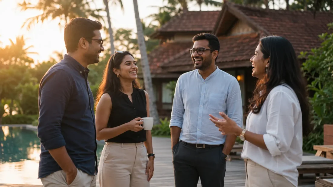 Group of corporate professionals laughing together at a resort poolside during a team day outing near Bangalore