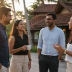 Group of corporate professionals laughing together at a resort poolside during a team day outing near Bangalore