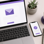 Flat-lay workspace with a laptop displaying a minimal email newsletter interface, a smartphone showing a subscription confirmation checkmark, a notepad with an envelope sketch, and a coffee cup on a clean neutral desk.