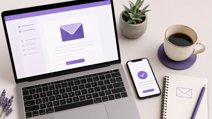 Flat-lay workspace with a laptop displaying a minimal email newsletter interface, a smartphone showing a subscription confirmation checkmark, a notepad with an envelope sketch, and a coffee cup on a clean neutral desk.