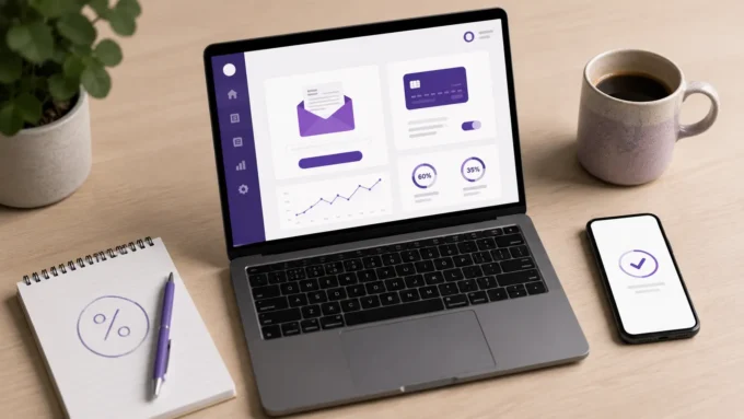 Laptop and smartphone showing publisher dashboard and Google sign-in, representing Google Reader Revenue Manager setup in India