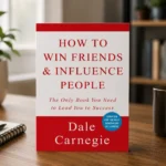 Front view of the book How to Win Friends and Influence People by Dale Carnegie on a wooden desk in a realistic modern office with blurred background, AI generated.