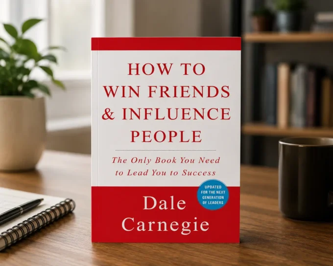 Front view of the book How to Win Friends and Influence People by Dale Carnegie on a wooden desk in a realistic modern office with blurred background, AI generated.