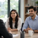 Confident young Indian man and woman attending a job interview with an HR interviewer in a bright modern office, seated across a table in a professional discussion, AI generated.